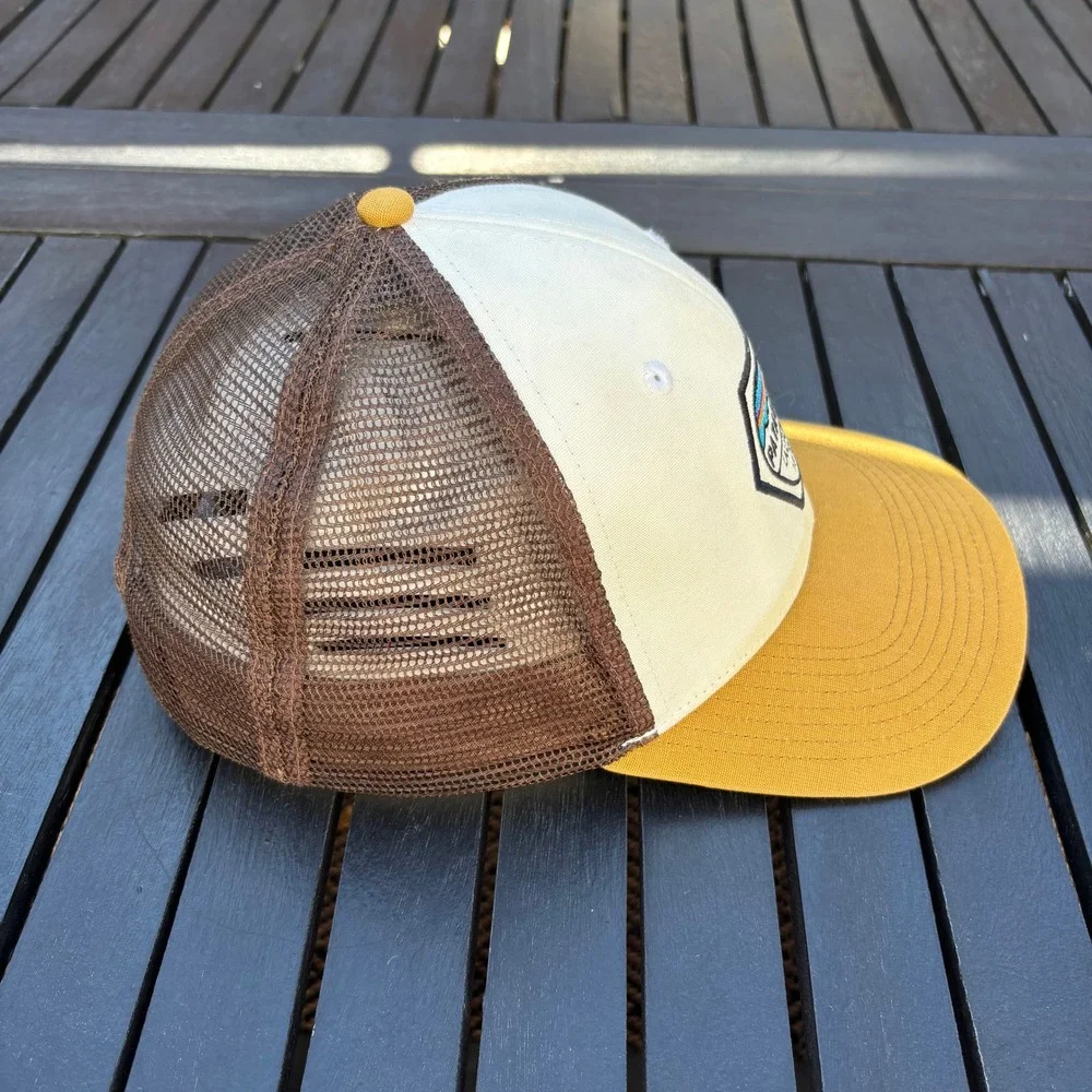 Patagonia Trucker Hat Unisex OSFA Brown Yellow Good Fitz Roy Hex Logo Snapback